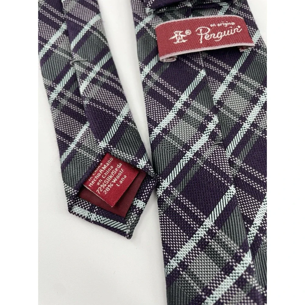 Penguin Black Purple Plaid Tie Silk Wool Blend Narrow Skinny Necktie Vtg 2.75